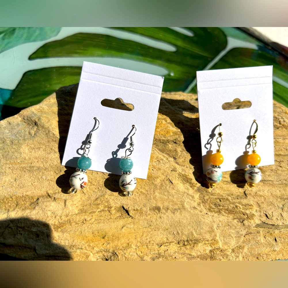 Artisan Ceramic Bead Earrings with Teal and Yellow Accents